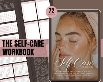 May include: A digital product cover featuring a pink and black color scheme. The cover features the text "The Self-Care Workbook" and a woman with her eyes closed. The text "A comprehensive tool designed to help you prioritize and nurture your well-being through mindful practices and personal reflection" is also included.