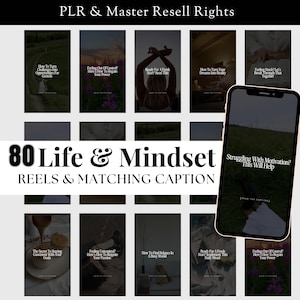 May include: A collage of 80 Instagram Reels and matching captions for life and mindset topics. The reels are displayed in a grid format with a black background and white text. The text includes phrases like "How to Turn Challenges into Opportunities for Growth", "Feeling Out of Control? Here's How to Regain Your Power", and "Struggling With Motivation? This Will Help".