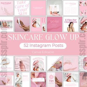 Könnte beinhalten: Ein pinkfarbenes und weißes Grafikdesign mit dem Text "SKINCARE GLOW UP" und "52 Instagram Posts" in weißer Schrift. Das Grafikdesign ist von 12 kleineren pinkfarbenen und weißen Grafikdesigns umgeben, die Hautpflegeprodukte und Text über Hautpflege zeigen.