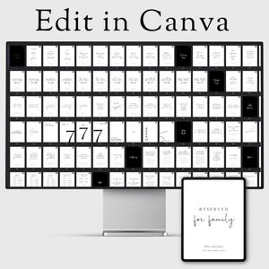 May include: A computer screen displaying a grid of black and white printable cards with various text and designs. The screen is on a white desk with a black tablet below it. The tablet has a white background with the text "RESERVED for family" in black. The text "Chris and James" and "15th September 2023" are also in black.