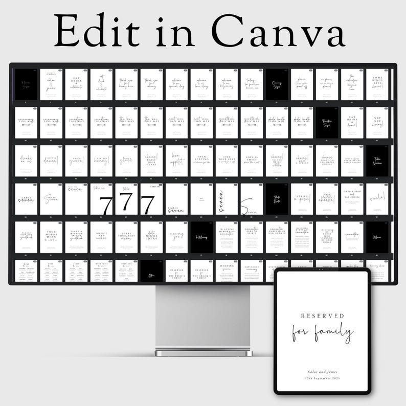May include: A computer screen displaying a grid of black and white printable cards with various text and designs. The screen is on a white desk with a black tablet below it. The tablet has a white background with the text "RESERVED for family" in black. The text "Chris and James" and "15th September 2023" are also in black.