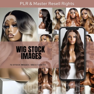 May include: A collection of wig images in diverse styles and shades, from blonde to brown and ombre. The text "WIG STOCK IMAGES" is visible, accompanied by the details "72 STOCK IMAGES / 960 X 1200 PX".