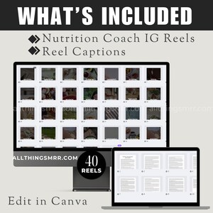 What’s included preview of nutrition coach reels and captions with Canva editing access