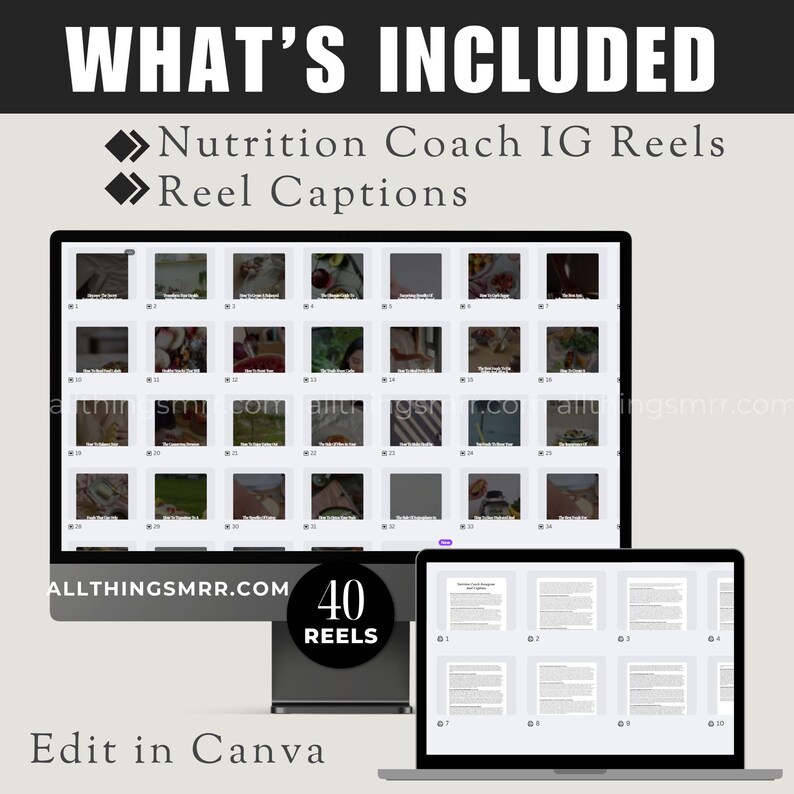 What’s included preview of nutrition coach reels and captions with Canva editing access