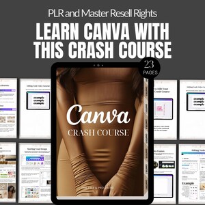 Pode incluir: Uma capa de curso digital com uma mulher vestindo um vestido e luvas marrons. O texto "Canva Crash Course" está escrito em uma fonte grande e estilizada. O curso é para usuários gratuitos e profissionais e inclui 23 páginas.
