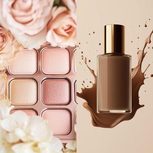 May include: A close-up of a light brown foundation bottle with a gold lid. The bottle is sitting on a light brown background with a splash of liquid. The bottle is surrounded by pink and white flowers.