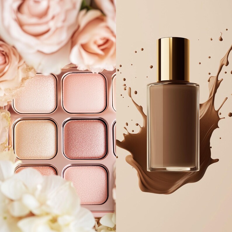 May include: A close-up of a light brown foundation bottle with a gold lid. The bottle is sitting on a light brown background with a splash of liquid. The bottle is surrounded by pink and white flowers.