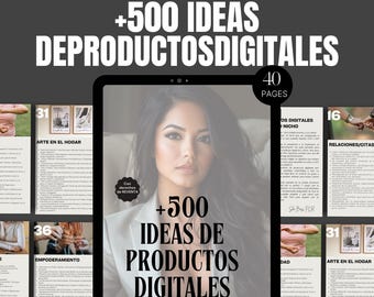 Op de afbeelding: Een gids met ideeën voor digitale producten met een vrouw op de omslag. De gids heeft de titel "+500 IDEAS DE PRODUCTOS DIGITALES" en heeft als ondertitel "COMIENZA A GANAR INGRESOS PASIVOS". De gids is 40 pagina's lang en bevat wederverkooprechten.