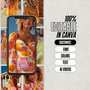 K&ouml;nnte beinhalten: Digitales Mockup mit einer Frau in einem farbenfrohen Kleid und Accessoires. Der Text "100% EDITABLE IN CANVA" ist enthalten, mit Anpassungsoptionen f&uuml;r Schriftart, Farben, Text und KI-Videos.