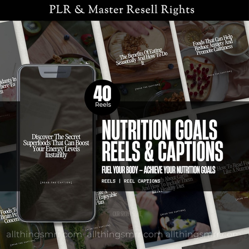 Nutrition reels and captions for coaches with PLR and MRR rights featuring 40 editable Canva templates