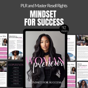 May include: A digital book cover with a woman on the front. The title is "Womanpreneur Mindset for Success" and the subtitle is "92 Pages". The cover is pink and black with a white background.
