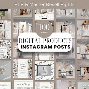 Puede incluir: Un collage de 100 plantillas de publicaciones de Instagram para productos digitales. Las plantillas presentan una variedad de diseños, que incluyen superposiciones de texto, imágenes y gráficos. El texto "Digital Products Instagram Posts" se muestra en una fuente grande en el centro del collage.