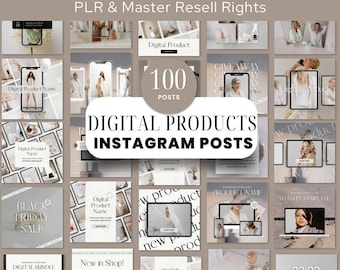 May include: A collage of 100 digital product Instagram post templates. The templates feature a variety of designs, including text overlays, images, and graphics. The text "Digital Products Instagram Posts" is displayed in a large font at the center of the collage.