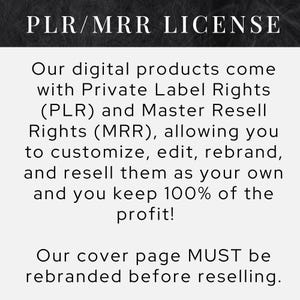 Pode incluir: Texto preto e branco sobre um fundo cinza escuro. O texto diz "PLR/MRR LICENSE". O texto abaixo explica que os produtos digitais v&ecirc;m com direitos de etiqueta privada (PLR) e direitos de revenda mestre (MRR), permitindo que voc&ecirc; personalize, edite, renomeie e revenda-os como seus e mantenha 100% do lucro. O texto tamb&eacute;m indica que a p&aacute;gina de capa DEVE ser renomeada antes da revenda.