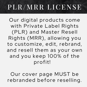 K&ouml;nnte beinhalten: Wei&szlig;er Hintergrund mit schwarzem Text: "PLR/MRR LICENSE". Der Text erkl&auml;rt digitale Produkte mit Private Label Rights (PLR) und Master Resell Rights (MRR), die Anpassung, Bearbeitung, Rebranding und Weiterverkauf mit 100 % Gewinn erm&ouml;glichen. Die Titelseite muss neu gebrandet werden.