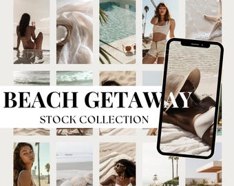 May include: A collage of images featuring a beach getaway theme. The images include a woman in a swimsuit, a pool, a beach, a hat, and a phone screen displaying a beach scene. The text "Beach Getaway Stock Collection" is displayed in the center of the collage.