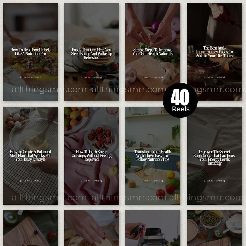 Canva nutrition coach reels bundle with 40 health tips and editable captions for social media