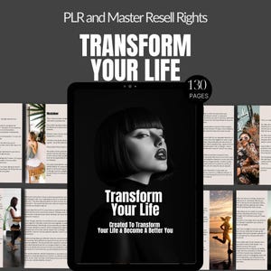 以下が含まれることがあります： 黒と白の画像で、ショートヘアで赤い口紅をつけた女性が写っています。画像はコンピューターの画面に表示されており、「Transform Your Life」と「Created To Transform Your Life & Become A Better You」というテキストが表示されています。「PLR and Master Resell Rights」というテキストは画像の上部に表示されています。「130 Pages」というテキストは画像の右上に表示されています。