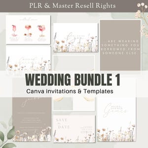 Lot de faire-part de mariage floral neutre Modèles modifiables Canva Ensemble de papeterie de mariage numérique Réservez la date pour la douche nuptiale Cartes de jeu PLR