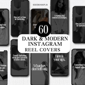 Puede incluir: Un collage de 60 portadas de carretes de Instagram oscuras y modernas con superposiciones de texto. El texto incluye frases como "Cómo usar los datos en marketing", "Crear contenido viral con un presupuesto", "Estrategias de marketing por correo electrónico que necesitas saber", "Lo que no te dicen", "Aquí está tu señal" y "Lanzar tu imperio digital".