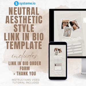 Peut inclure: Un modèle de lien dans la bio de style esthétique neutre avec un formulaire et une page de remerciement. Le modèle présente une palette de couleurs neutres et comprend des photos de personnes. Le texte "Janet Smith" est affiché sur le modèle.