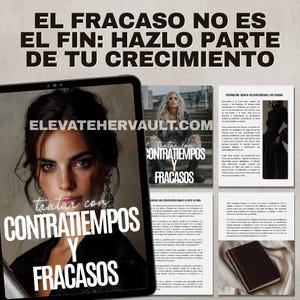May include: A digital tablet displays a book cover with the text "tratar con CONTRATIEMPOS Y FRACASOS" and a woman's portrait. The website "ELEVATEHERVAULT.COM" is visible. Additional pages and a book are also shown, with the headline "EL FRACASO NO ES EL FIN: HAZLO PARTE DE TU CRECIMIENTO."