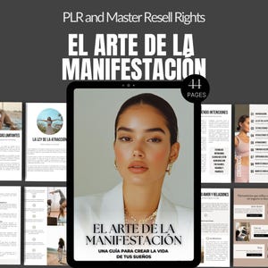May include: A digital book cover featuring a woman's face on the front. The title of the book is "El Arte de la Manifestación" and the subtitle is "Una guía para crear la vida de tus sueños". The book cover is in Spanish and has a black and white colour scheme.