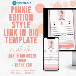 May include: A pink and white link in bio template for social media. The template features a pink background with a white border and includes a photo of a person wearing a hat. The text "Your Name" is at the top of the template, followed by social media icons and a form for collecting information. The text "Stay in the loop, learn about new products in the shop" is at the bottom of the template.