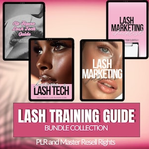 Könnte beinhalten: Eine Sammlung digitaler Ratgeber für Wimperntechnikerinnen, dargestellt auf Tablets. Die Ratgeber tragen Titel wie "Six Figure Lash Tech Guide", "Become a Lash Tech", "Lash Marketing Checklist" und "Lash Marketing Planner". Das Bundle wird als "Lash Training Guide Bundle Collection" bezeichnet.
