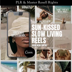 Op de afbeelding: Een promotionele afbeelding voor social media content, met de tekst "Sun-Kissed Slow Living Reels". De afbeelding bevat een smartphone-mockup met een vrouw met een hoed en andere lifestyle-afbeeldingen. Het Canva-logo is zichtbaar.