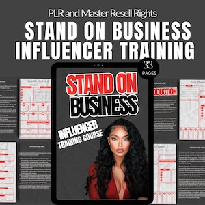 Puede incluir: Una portada de producto digital para un curso de formación de influencers titulado "Stand On Business Influencer Training Course". La portada presenta a una mujer con cabello largo y oscuro y labios rojos, vistiendo un suéter rojo. La portada es negra con texto rojo y blanco. El texto "33 Páginas" está en la esquina superior derecha.