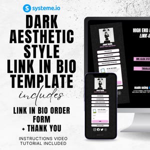 May include: A dark aesthetic link in bio template featuring a form and thank you page. The template is displayed on a phone and computer screen. The template includes a form with text fields and buttons. The template is made using a 2-step funnel for showcasing products and services.