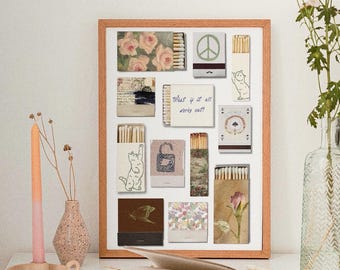 retro collage wall art, matchbook poster, trendy apartment decor, vintage matchbox, feminine room decor