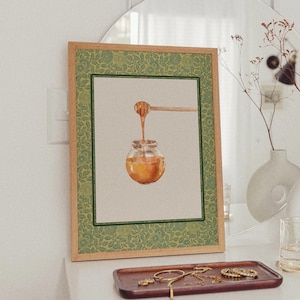 Stampa artistica ad acquerello di un barattolo di miele, decorazione per la dispensa della cucina (download digitale)