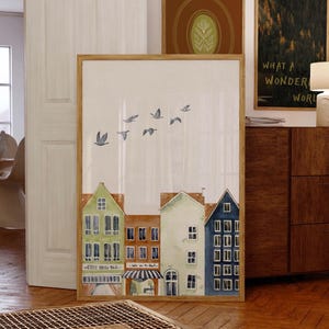 Townhome Print, Soft Neutral Print, Cozy Wall Decor, Watercolor, Retro House Art, Rustic Print, Digital Wall Art, Pastel Poster, Cityscape
