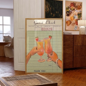 Impresión de bebidas con cheque de invitado, decoración de carrito de bar, arte de bar vintage, impresión de decoración de habitaciones, decoración de apartamentos universitarios (retro)