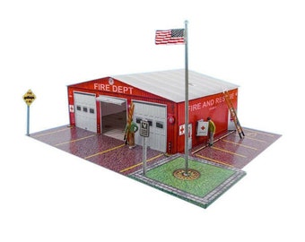May include: A red and white fire station building with the words "FIRE DEPT" and "FIRE AND RESCUE" on the front. The building has two garage doors and a flagpole with an American flag.
