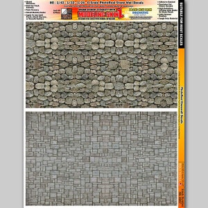 May include: Photorealistic stone wall decals for model railway. The decals feature two different stone patterns: a rough, uneven stone wall and a more uniform, rectangular stone wall. The decals are suitable for HO, 1/43, 1/32, 1/24, and O scale models.