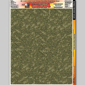 May include: A sheet of green and brown PhotoReal Rough Grass Decal for model railroading. The decal is suitable for HO, 1/43, 1/32, 1/24, and O scales. The decal is made in the USA and has a stock number of MG 3832.