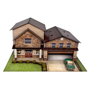 May include: A two-story house model with tan siding and stone veneer, featuring a dark brown shingled roof, a front porch, a multi-car garage, and a green vintage car parked on the concrete driveway, all set on a patch of green grass.