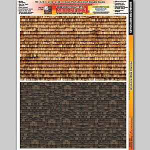 May include: A sheet of photo-realistic roof shingle decals for model railroading. The sheet features two different styles of shingles: a brown wood shingle and a gray asphalt shingle. The sheet is labeled "HO - 1/43 - 1/32 - 1/24 - 0 Scale PhotoReal Roof Shingle Decals" and "Modeling Skin".