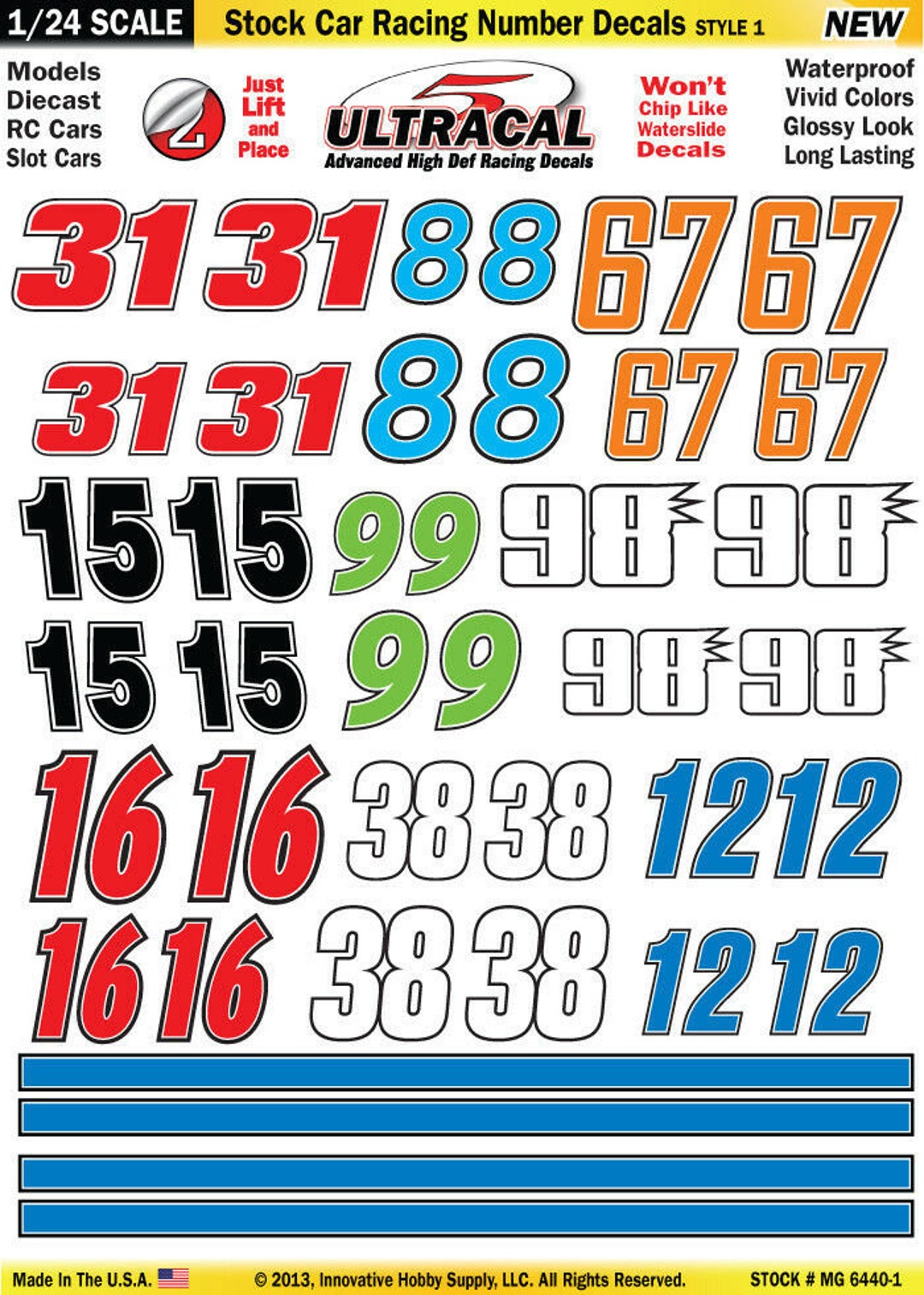Decalcomanie Ultra Cal MG6420-1, Numeri Da Corsa Vintage Stile 1, Scala 1/24, Alta Definizione
