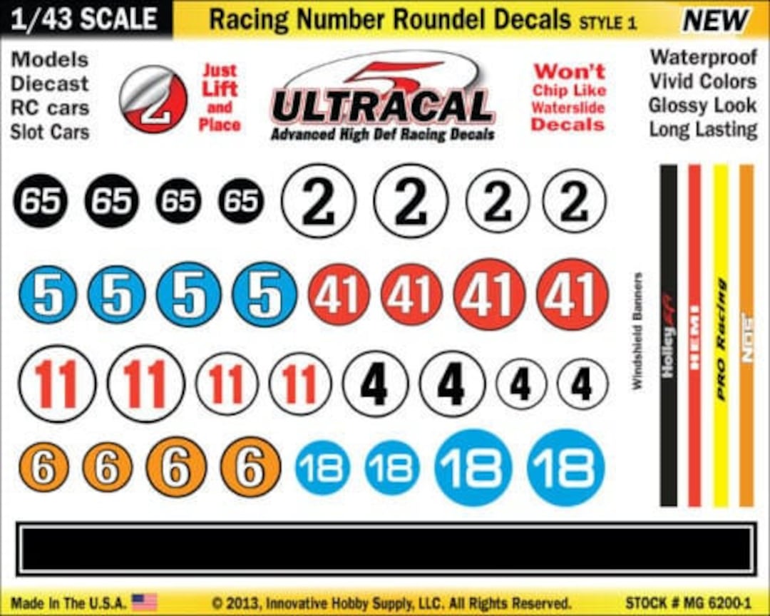MG 6200-1 Ultracal High Def Racing Number Roundel Decals Style 1 1:43 ...