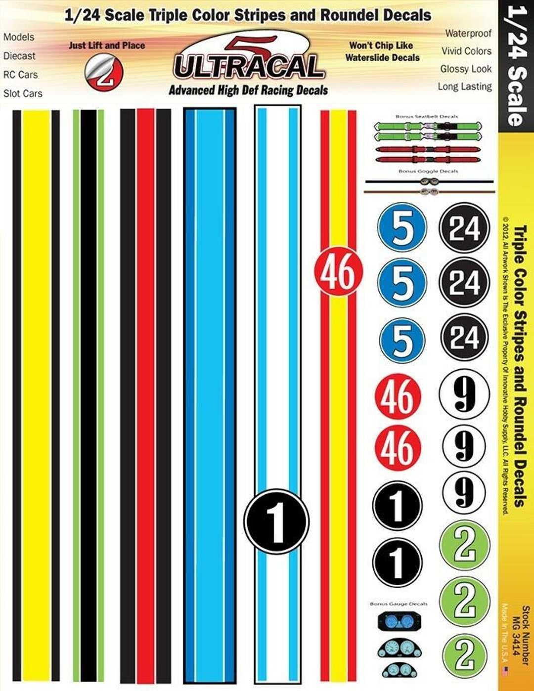 Solid Color Racing Stripe MG 3414 Ultracal Decals - Triple Color Racing Stripe and Roundel Decals ...