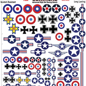 May include: A sheet of pre-cut, waterproof, high-definition racing decals for model airplanes. The decals feature a variety of designs, including stars, circles, crosses, and wings. The decals are made by Ultracal and are designed to be easy to apply and long-lasting.