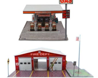 BK 8711; 1/87 Scale "Gas Station & Fire Department" Photo Real Scale Building Kit