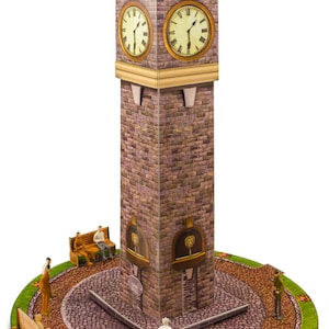 May include: A paper model kit of a brick clock tower with a brown roof and two clock faces. The tower is surrounded by a circular base with a cobblestone path, green grass, and small figures.
