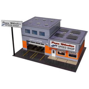 1:64 Scale &quot;Papa Wheelies Speed Shop&quot; Photo Real Scale Building Kit