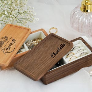 Custom Engraved Wood Jewelry Box: Beech or Walnut, Portable Travel Size