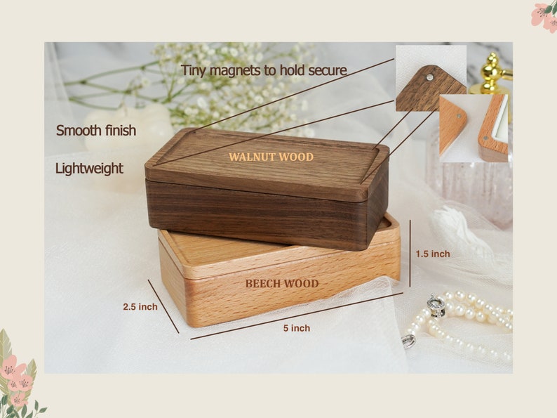 May include: Two wooden boxes, one walnut and one beech, with magnetic closures. The walnut box is 5 inches long, 2.5 inches wide, and 1.5 inches high. The beech box is 5 inches long, 2.5 inches wide, and 1.5 inches high.